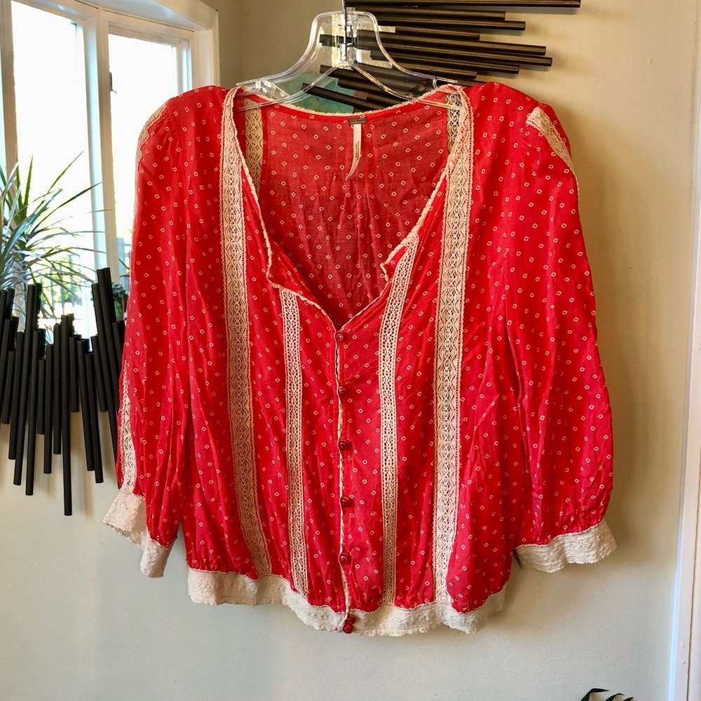Free People Women's Blouse with lace Embroidered Trim